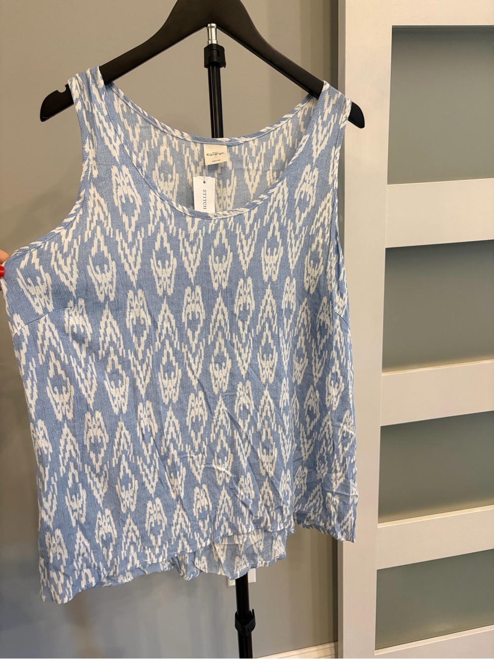 Kaileigh Light Blue and White Ikat Scoop Neck Tank